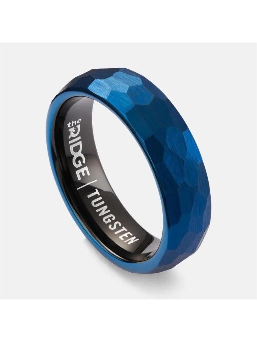 Men’s Tungsten Ring Blue Hammered & Smooth Band Wedding Ring/ Sizes 7.5/13